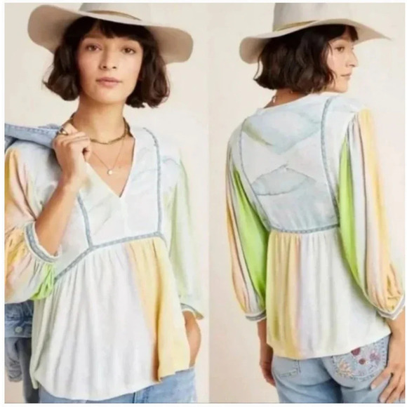 Anthropologie Bl-nk London Peasant Top Blouse Peplum Colorful Tie Dye Size XS - Picture 1 of 10